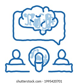 Micrófono Humano Esbozo de cerebro vector de icono. Dibujo manual de la línea azul del doodle de la línea del micrófono humano del signo del cerebro. ilustración de símbolo aislado