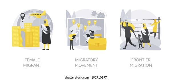 Human migration abstract concept vector illustration set. Female migrant, migratory movement, frontier migration services, international marriage, passport and documents, crisis abstract metaphor.