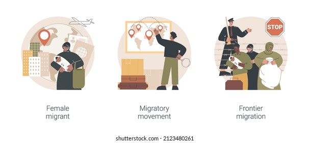 Abstraktes Konzept der menschlichen Migration, Vektorgrafik-Set. Migrantinnen, Migrationsbewegungen, Grenzmigrationsdienste, internationale Ehe, Pass und Dokumente, abstrakte Krisenmetapher.