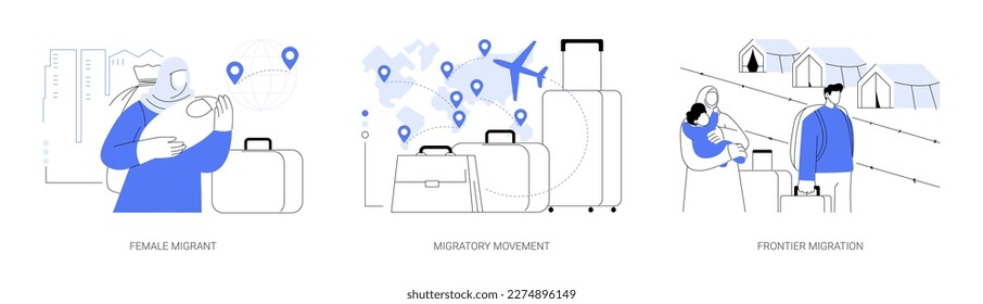 Human migration abstract concept vector illustration set. Female migrant, migratory movement, frontier migration services, international marriage, passport and documents, crisis abstract metaphor.