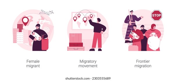 Human migration abstract concept vector illustration set. Female migrant, migratory movement, frontier migration services, international marriage, passport and documents, crisis abstract metaphor.