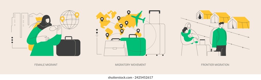 Human migration abstract concept vector illustration set. Female migrant, migratory movement, frontier migration services, international marriage, passport and documents, crisis abstract metaphor.