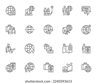 Human Migration. Immigration and Emigration. Migration Legislation, People Resettlement. Visa, Passport Stamp. Vector Line Icons Set. Editable Stroke. Pixel Perfect.