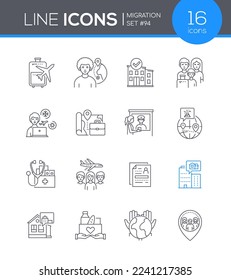 Human migration - line design style icons set on white background with editable stroke. Flight with luggage, relocation, planet, family, check-in, passport control, new home and rental housing