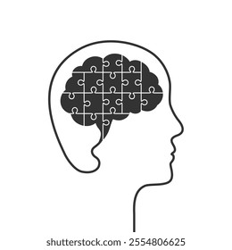 Human mind being a complete puzzle as thinking, neuroscience, mental health or psychology related concept. Head silhouette with brain made of completed jigsaw puzzle pieces.