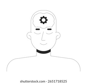 Mente humana com símbolo de engrenagem cerebral caractere de linha 2D. Cabeça pensante, criatividade, processamento mental em inteligência artificial isolada vetor tinta contorno pessoa. Ilustração de ponto monocromático