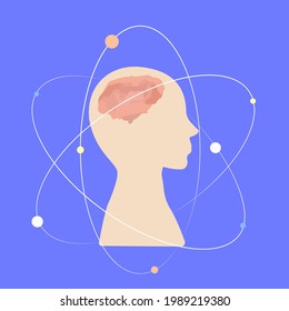 Human Mind, Brain. Man In The Universe. Atom. Vector Illustration.