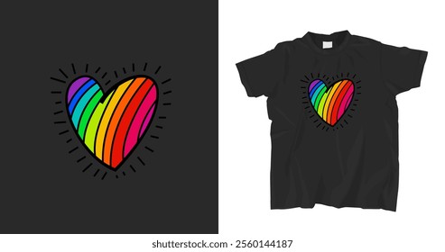 Human mind and experience diversity dark grey t-shirt. Neurodiversity acceptance hand drawn symbol in a heart shape. An inclusive, understanding society. Vector illustration. Colorful pop art Design