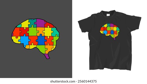 Human mind and experience diversity dark grey t-shirt. Neurodiversity acceptance hand drawn symbol in a brain shape. An inclusive, understanding society. Vector illustration. Colorful pop art graphics