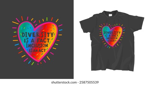 Human mind and experience diversity dark grey t-shirt. Neurodiversity acceptance hand drawn symbol in a heart shape. An inclusive, understanding society. Vector illustration. Colorful pop art graphics