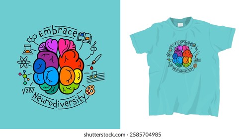 Human mind and experience diversity light blue t-shirt. Neurodiversity acceptance hand drawn symbol in a brain shape. An inclusive, understanding society. Vector illustration. Colorful pop art graphic