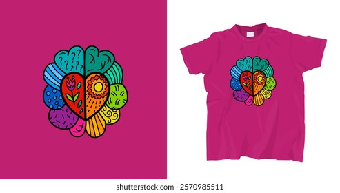 Human mind and experience diversity magenta t-shirt. Neurodiversity acceptance hand drawn symbol in a brain shape. An inclusive, understanding society. Vector illustration. Colorful pop art graphics