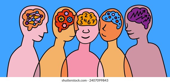 Human mind and experience diversity. Neurodiversity, autism acceptance. Differences in personality characteristics. An inclusive, understanding society. Vector illustration in colorful pop art style.