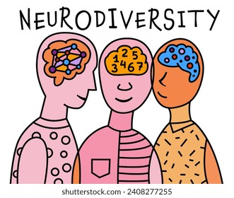 La mente humana y la diversidad de experiencias. Neurodiversidad, aceptación del autismo. Diferencias en características de personalidad. Una sociedad inclusiva y comprensiva. Ilustración vectorial en el colorido estilo de arte pop.