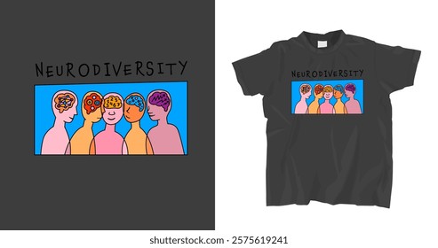 Human mind and experience diversity. Neurodiversity, autism acceptance t-shirt print. Motivating graphic design. An inclusive, understanding society. Vector illustration in colorful pop art style.