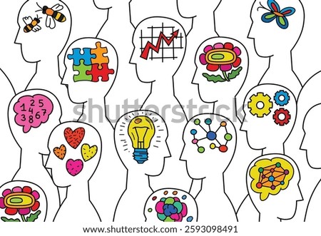 Human mind and experience diversity. Neurodiversity, autism acceptance. Differences in personality characteristics. An inclusive, understanding society. Vector illustration in colorful pop art style.