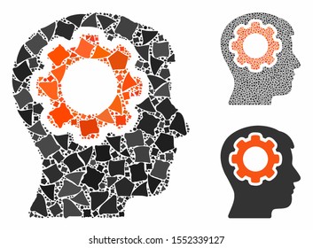 Human mind gear mosaic of uneven elements in various sizes and color hues, based on human mind gear icon. Vector uneven elements are organized into composition.