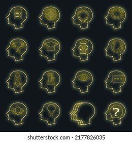 Human mind head icons set. Illustration of 16 human mind head vector icons neon color on black