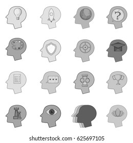 Human mind head icons set in monochrome style isolated vector illustration