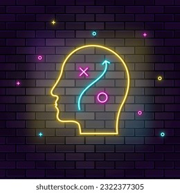 Human mind, head, planing, multicolor neon icon on dark brick wall