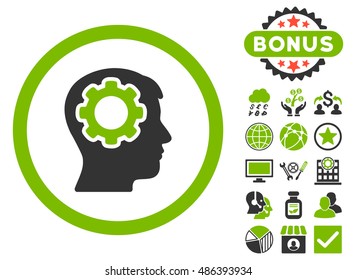 Human Mind icon with bonus images. Vector illustration style is flat iconic bicolor symbols, eco green and gray colors, white background.