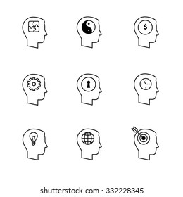 Human mind icons thin line art set. Thinking and mental process. Black vector symbols isolated on white.