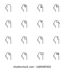 Human mind line icons set. Head thinking linear style symbols collection, outline signs pack. vector graphics. Set includes icons as problem solving, mind secrecy, depression mood, time control