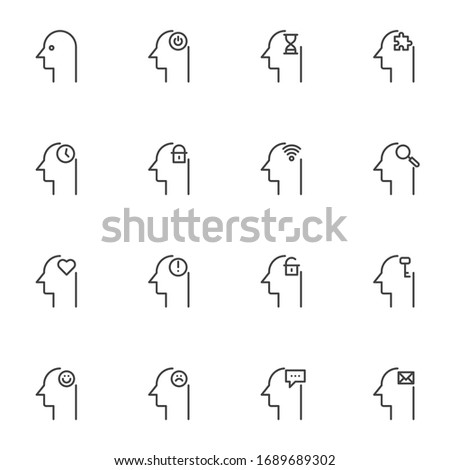 Human mind line icons set. Head thinking linear style symbols collection, outline signs pack. vector graphics. Set includes icons as problem solving, mind secrecy, depression mood, time control