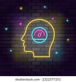 Human mind, performance, productivity, multicolor neon icon on dark brick wall
