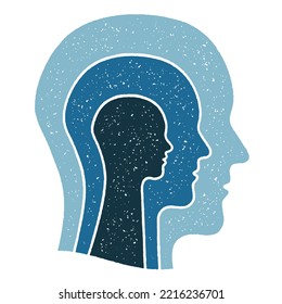 Human Mind And Personality Parts. Three-color Textured Vector Illustration Of A Head Silhouette With Three Layered Profile View Images. Concept Of Conscious, Subconscious, And Unconscious Mind.