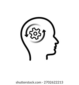 Human Mind Process Icon mit Zahnrad und Pfeil. Symbol für kognitives Denken und Gehirnmechanismus. Mindset-Entwicklungssymbol mit Zahnrad-Innenkopf
