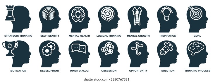 Human Mind Process Silhouette Icon Set. Emotional Intelligence Glyph Pictogram. Mental Health Solid Sign. Think about Development, Intellectual Process Symbols. Isolated Vector Illustration.