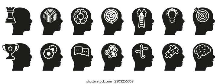 Human Mind Process Silhouette Icon Set. Emotional Intelligence Glyph Pictogram. Mental Health Solid Sign. Think about Development, Intellectual Process Symbols. Isolated Vector Illustration.