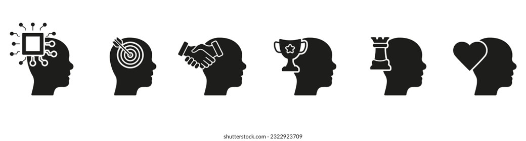Human Mind Process Silhouette Icon Set. AI, Goals, Motivation, Strategy Thinking Symbols. Mental Health Solid Sign Collection. Emotional Intelligence Glyph Pictogram. Isolated Vector Illustration.