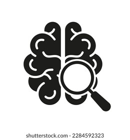 Human Mind Research Solid Pictogram. Brain with Magnifier Black Silhouette Icon. Neurology Science Exploration Glyph Symbol on White Background. Isolated Vector Illustration.