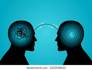 Human mind with its tangled threads sends out its tangles and transforming into orderly circle thread by other human minds, problem solver, solution, coaching concept