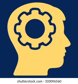 Human Mind vector icon. Style is flat symbol, yellow color, rounded angles, blue background.