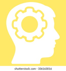 Human Mind vector icon. Style is flat symbol, white color, rounded angles, yellow background.