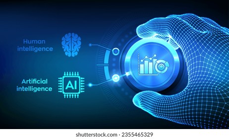 Human mind vs Artificial Intelligence digital mind. Human or AI choice concept. Wireframe hand turning a knob to switch from Human mind to Artificial Intelligence digital mind. Vector illustration.