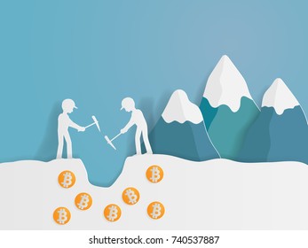 human mining for bit coins paper art crypto currency concept vector illustration