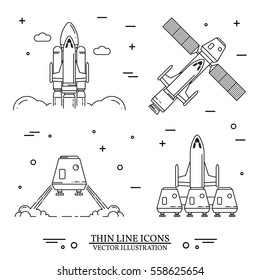 Human mission to Mars. For web design and application interface, also useful for infographics. Space shuttle and spaceship  thin line icon. Vector Illustration.