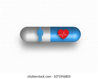 Human model and cardiogram in the medicine model on grid background. Concept of medical and health care. Technology Background. Vector Illustration.
