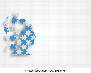 Human model filled in with jigsaw puzzle pieces falling apart on grid background. Technology background. Vector illustration.
