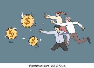 Human Money Competition Concept. Greed For Wealthy Life. Vector Illustration Of Running People For Golden Dollar Coins.