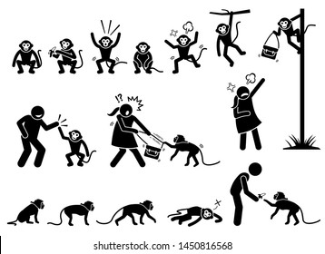 Human and monkey stick figure pictogram. Illustrations depict monkey actions and reactions such as eating, angry, climbing and walking. The naughty monkey also grab and steal woman handbag.