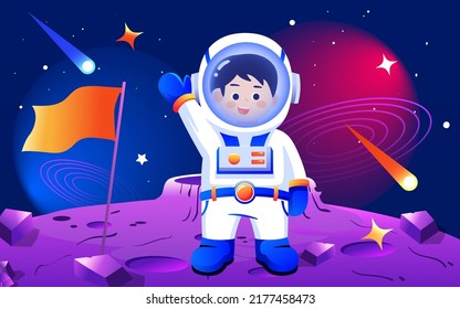 Human moon day, astronaut landing on the moon, cosmic starry sky, vector illustration