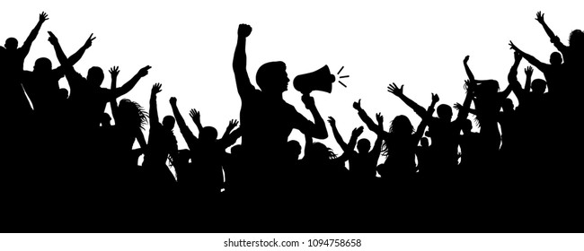 Human Motivator. Crowd of people silhouette vector. Speaker, loudspeaker, orator, spokesman. Applause of a cheerful people mob. Sports fans. Demonstration, protest. Cheerful people crowd applause