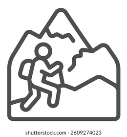 Human with mountain top line icon, eco tourism concept. Vector graphics. Man hiking in mountains, traveling sign on white background, outline style icon for mobile or web design