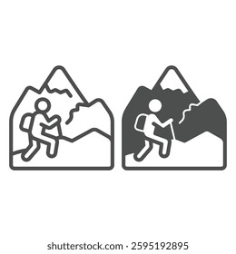 Human with mountain top line and solid icon, eco tourism concept. Vector graphics. Man hiking in mountains, traveling sign on white background, outline style icon for mobile or web design