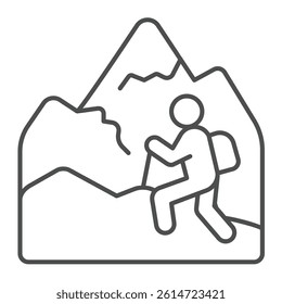 Human with mountain top thin line icon, eco tourism concept. Vector graphics. Man hiking in mountains, traveling sign on white background, linear style icon for mobile or web design